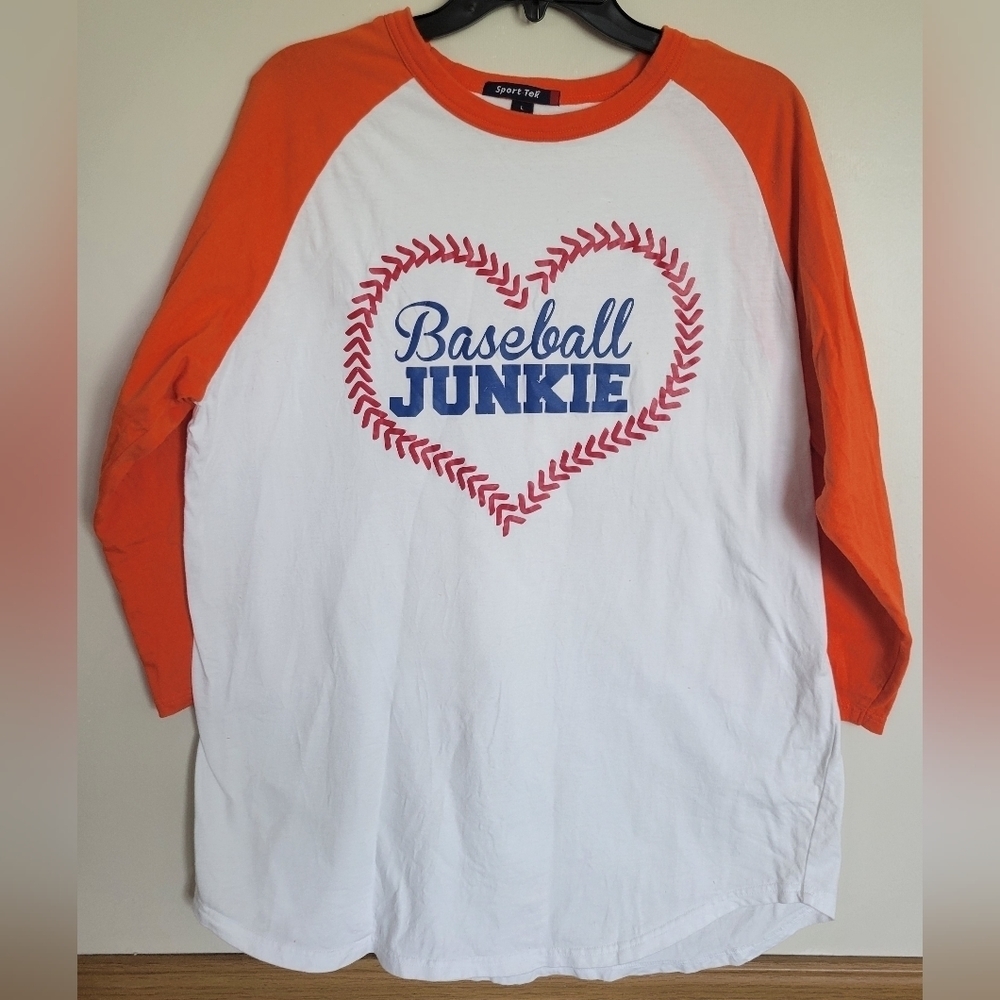 Sport-Tek Baseball Junkie Lace Heart Orange and White Raglan Baseball Tee Size L